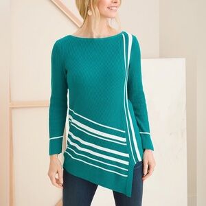 Chico's NWT Knit Tunic Sweater Asymetrical Hem Stripe Bright Jade Size 4 = XXL